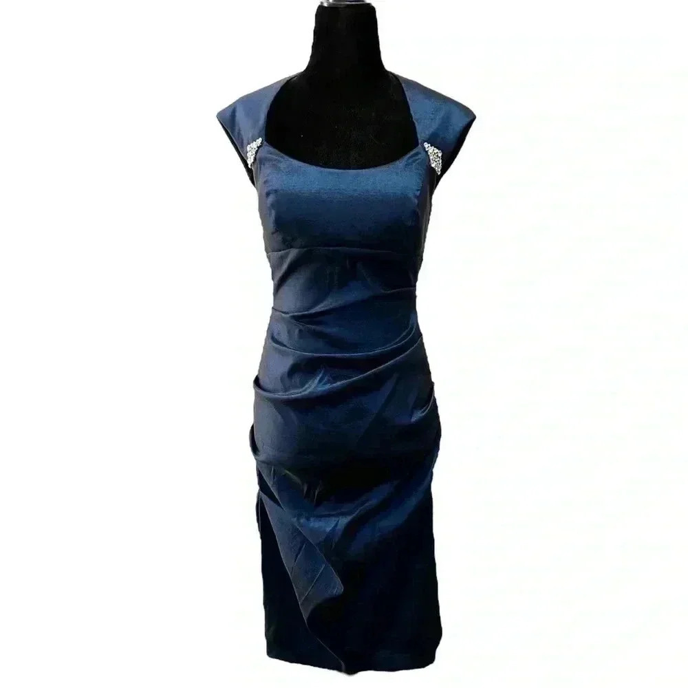 BA Nites Cocktail Party Dress Evening Bodycon Midi Ruched Blue Satin Size 4